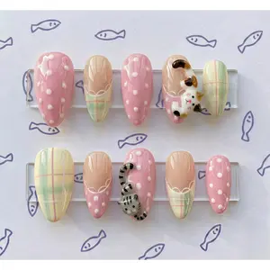 3D Kawaii Cat Press On Nails, Pink Polka Dot Plaid Almond Art