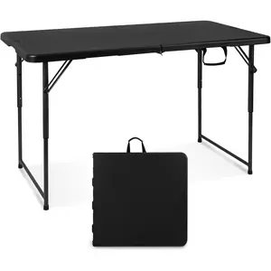 Folding Table 4 Foot Portable Heavy Duty Plastic Fold-in-Half Utility Table Small Indoor Outdoor Adjustable Height Folding with Carrying Handle, Camping and Party, Black