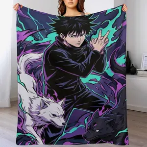 Jujutsu Kaisen Inspired Megumi Fushiguro Blanket, Divine Dogs Anime Throw Blanket, Black Purple Flame Cozy Bed Cover, Manga Fan Gift