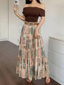 Women's Bohemian Ethnic Print Pleated Casual Skirt, High Waist A-Line Floor-Length Dress, Summer Vacation Beach for Girls