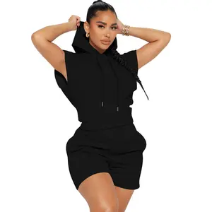 Casual Sports Short Sleeve Hooded Shorts Two-Piece Set for Women