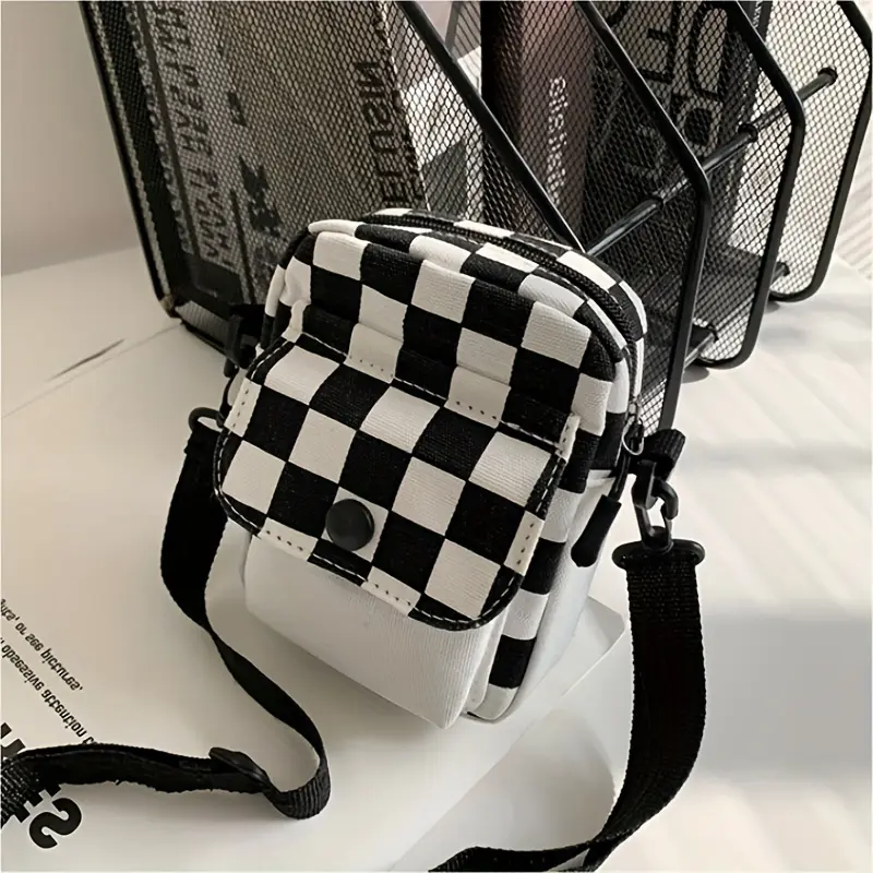 Swaggy Slayers - Mini Crossbody Bag - Stylish Checkered Canvas with Spacious Pocket at Front, Classic Square Shape, Compact Size - Perfect for Carrying Phone, Holding Keys, Adjustable Shoulder Strap, Crossbody Design