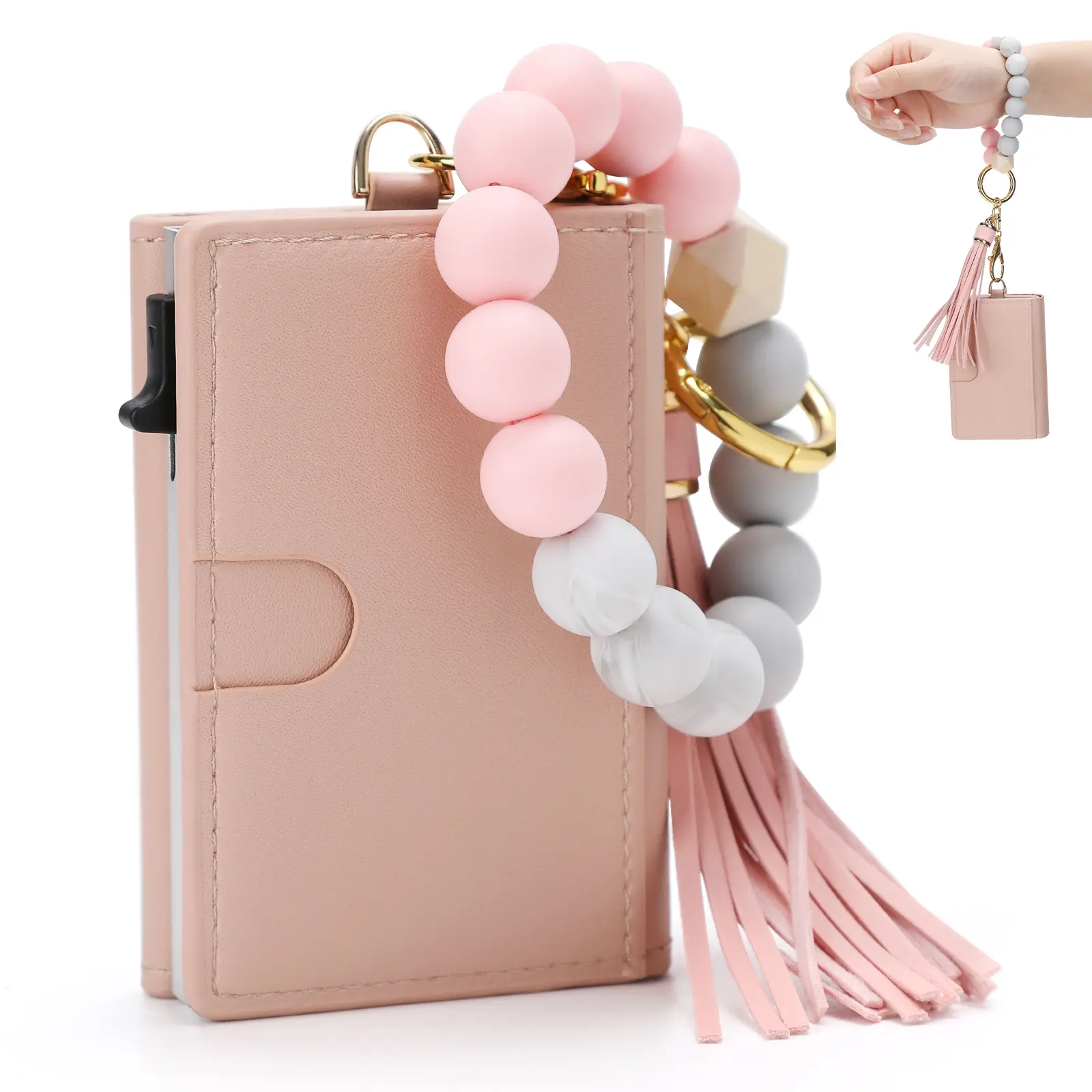 Women’s Solid Elegant PU Leather Pop-up Wristlet Wallet - Slim RFID Blocking Boho Credit Card Holder Purse with 5–9 Cards Sorted, ID Window, Cash Slot, Tassel Keychain & Beaded Bracelet, Women’s Gift