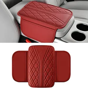 Car Center Console Cover, Leather Vehicle Armrest Cushion with 2 Storage Bags, Automotive Interior Arm Rest Seat Protection Box Pad Accessories, Universal for SUV, Sedan, Truck (Red)