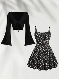 Summer Breathable Lightweight Long Sleeve Shirt, Feminine Elegant Floral Tie Front A-Line Dress Set, Adjustable Shoulder Straps, Two-Piece