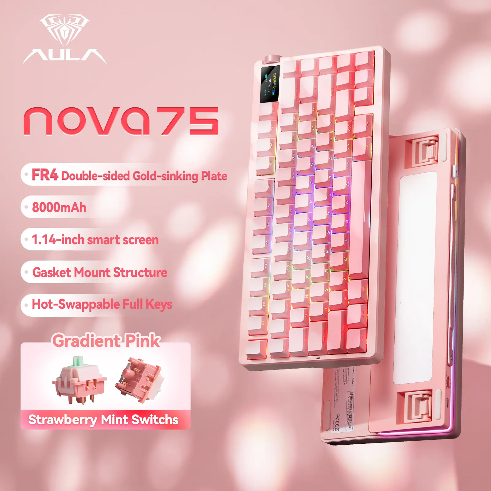 HOT Aula Nova75 Wireless Mechanical Keyboard 8000mAh,Gasket Mounted with Cream Sound 75% Compact Layout,RGB Backlit,Custom Hot Swappable,Bluetooth/2.4GHz/USB-C,Pink Keyboard Gaming for Win/Mac/iOS/Android