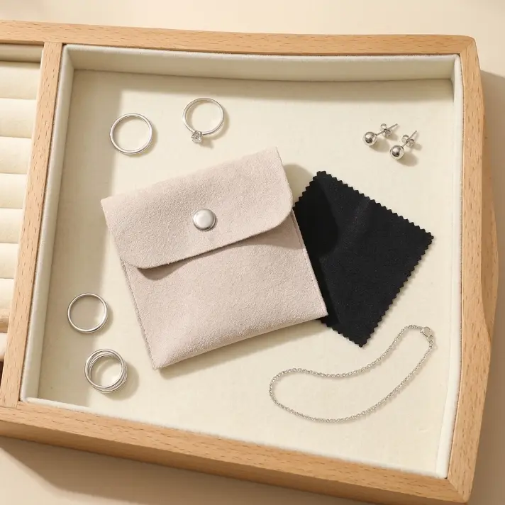 Jewelry Storage Pouch - Compact, Soft Travel Organizer for Rings, Earrings, Necklaces & Small Accessories + Gift-Ready Jewelry Polishing Cloth for Cleaning, Boosting Neatness During Traveling, Daily Wear