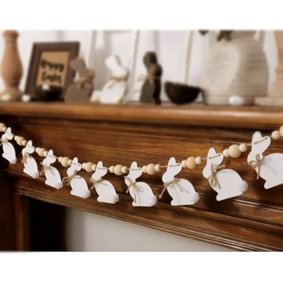 Easter Decorations Garlands, Cute Bunny Easter Garland with Wooden Beads, Rustic Banner for Mantel, Fireplace, Wall, Home, Farmhouse, Office, School Indoor Spring Decor Supplies
