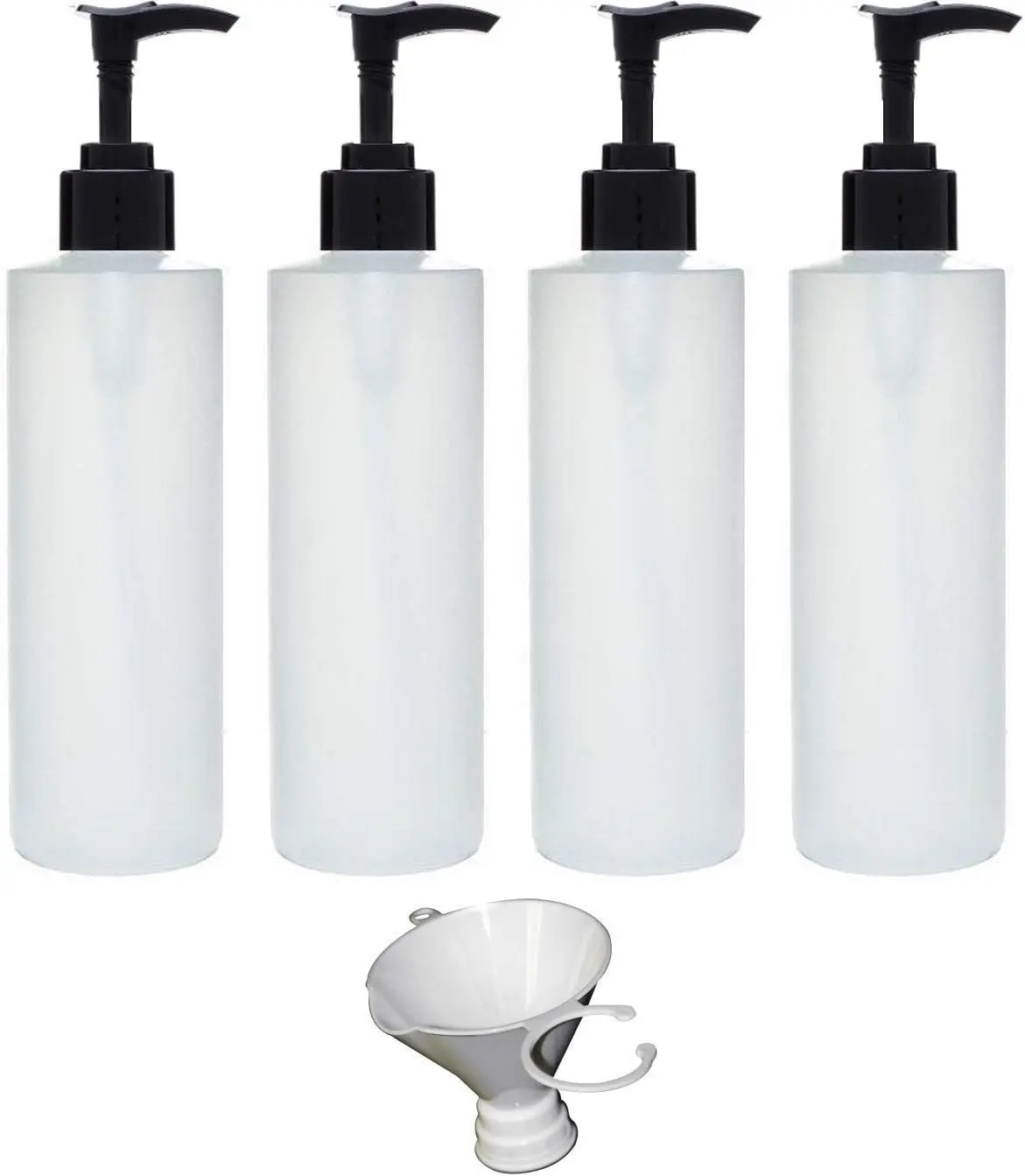 Four Pack of Refillable 8 Oz. HDPE Plastic Pump Bottles with Patented Screw On Funnel-Great for Dispensing Lotions, Shampoos and Massage Oils.