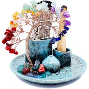 5 1 Incense Burner Holder with Crystal Healing Tree, Palo Santo Holder, Sage Holder, Incense Holder for Sticks/Cones/Candles, Ceramic Tray Ash Catcher for Burning Incense, Meditation Gift