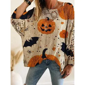Women's Halloween Pumpkin Print Long Sleeve Knit Top Casual Elegant Loose Fit Batwing Shoulder Shirt Soft Comfortable For Spring Summer Fall Wear Vacation Daily Outings Shopping Brunch Dates Easy To Match Jeans Skirts Leggings Breathable Knit Fabric Women