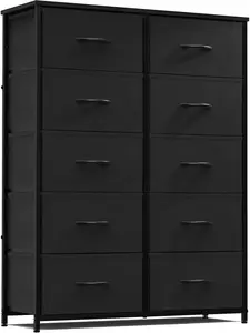 Tall Drawer Organizer Storage Drawers Fabric Storage Tower with 10 Drawers, with Fabric Bin, Wood Top for Bedroom, Closet