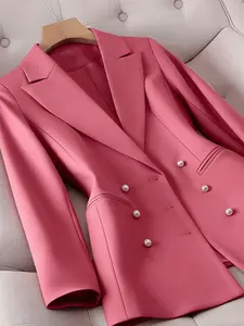 A women's peach-colored half-single-breasted pearl double-pocket Collared suit jacket, Solid Color Suit, with a regular shoulder top, suitable for spring and autumn, daily commuting, home wear, and light business