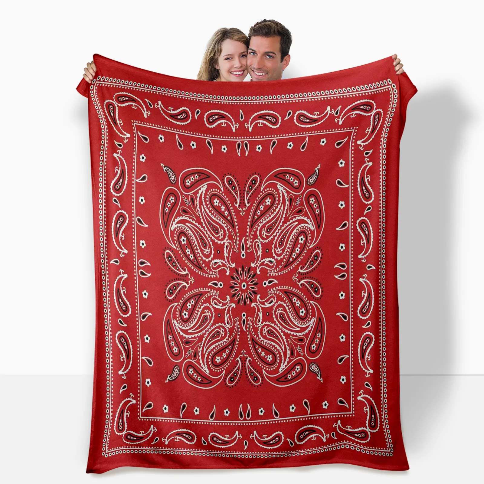1-Piece Boho Fluffy Flannel Blanket - Red and White Paisley Design with Hearts, Star Accents, All-Season Warmth, Machine Washable, Suitable for Sofa, Bed, Home Decor Gift, Fluffy Blankets, Boho Blankets