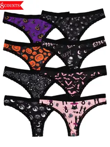 Morvia Sexy Cute Gothic Fashion Halloween Women Contrast Lace Thongs, Allover Print Soft Comfy Fit Everyday Intimates Panties, Women's Underwear & Lingerie