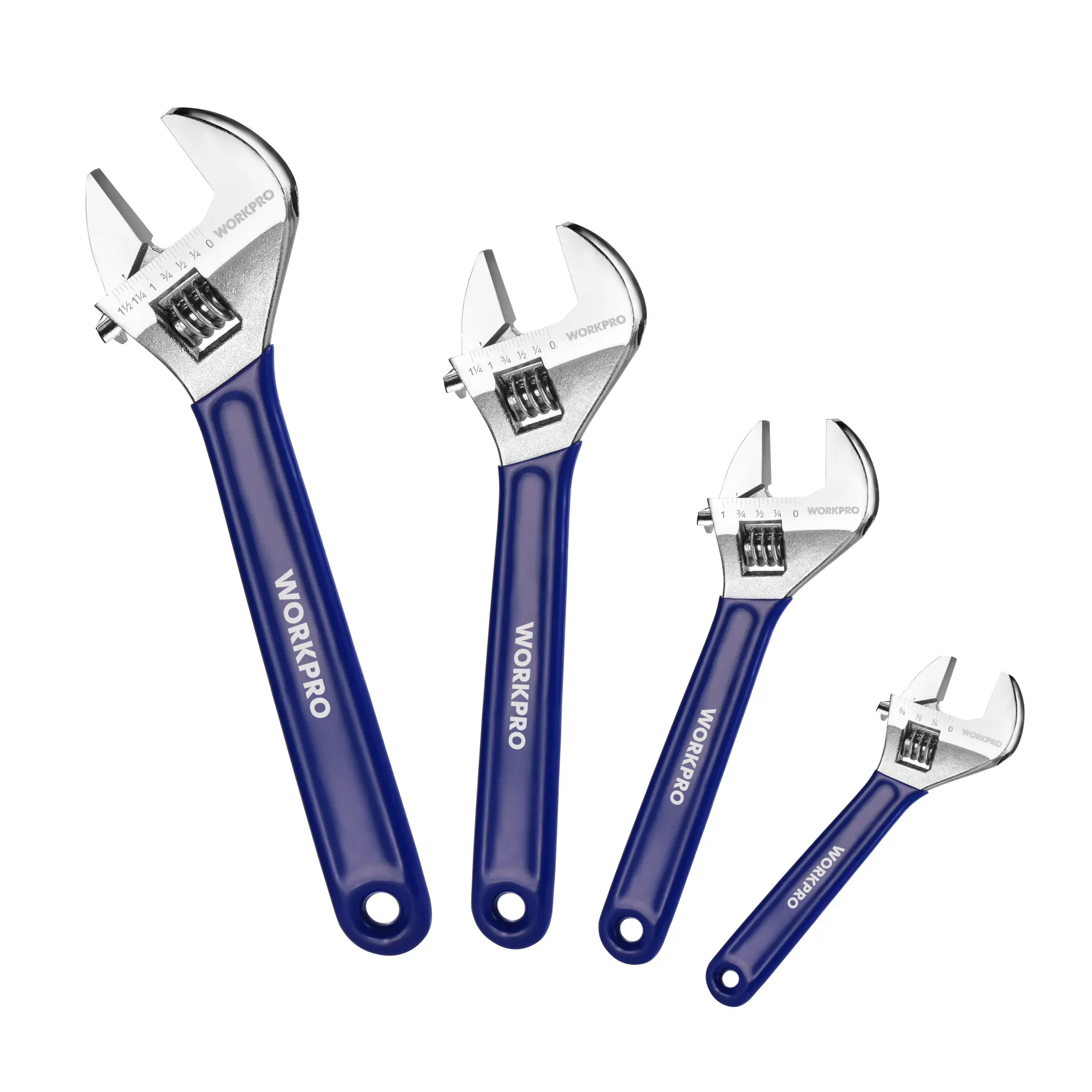#summersale WORKPRO Adjustable Wrench Set, 6-inch, 8-inch, 10-inch, 12-inch Wide Jaw Wrenches with SAE and Metric Scales, Rubber Grip, Heat-Treated Steel for Home Repairs, Plumbing, and Garage Work