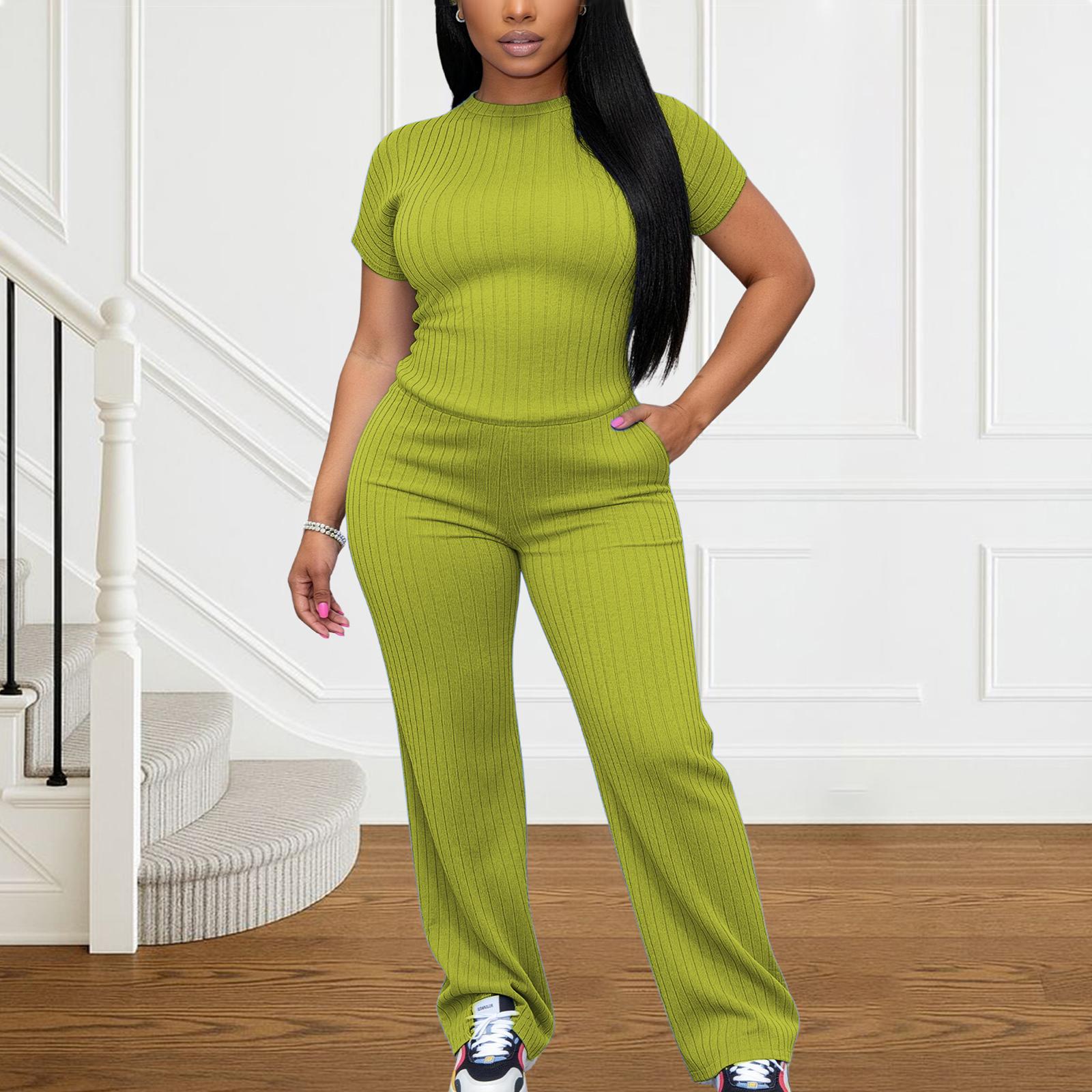 Women's All-Season Ribbed Knit Set - Thin Lightweight Fabric, Crew Neck Short Sleeve Tee & Wide Leg Pants with Pockets, Comfy for Loungewear, WFH & Weekend Casual Women's All-Season Ribbed Knit Set - Thin Lightweight Fabric, Crew Neck Short Sleeve Tee & Wide Leg Pants with Pockets, Comfy for Loungewear, WFH & Weekend Casual