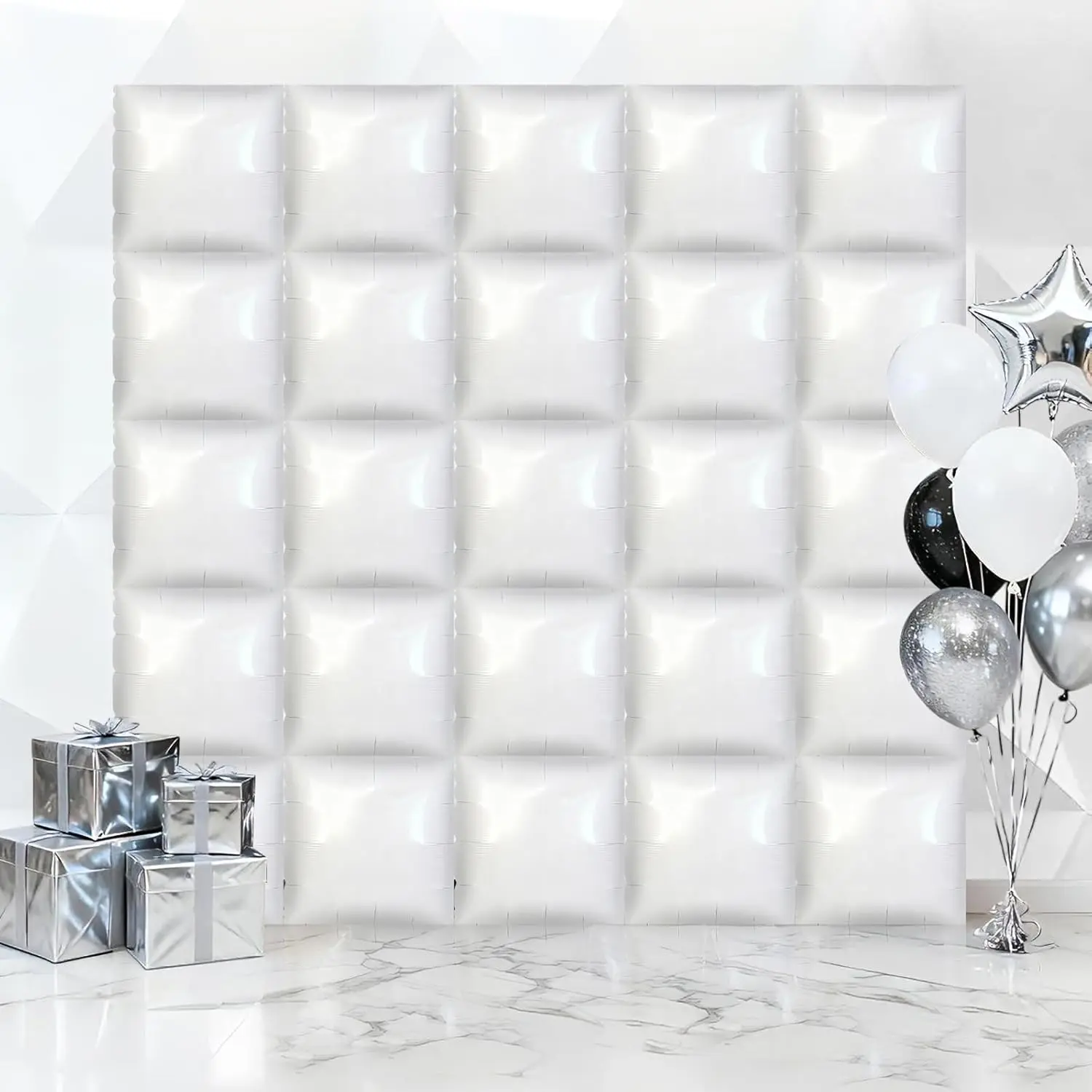 25 Pcs White Square Balloons, Metallic Square Foil Balloons Wall Backdrop, Double Sided Mylar Balloons Tunnel Arch Kit for Anniversary Wedding Birthday Shower Party Decorations (White)