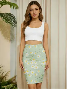 ladies' bodycon skirt Daisy Print Mint Green Background 3D full-frame printing tight-fitting fashionable and comfortable Casual and versatile four seasons trend floral resort style