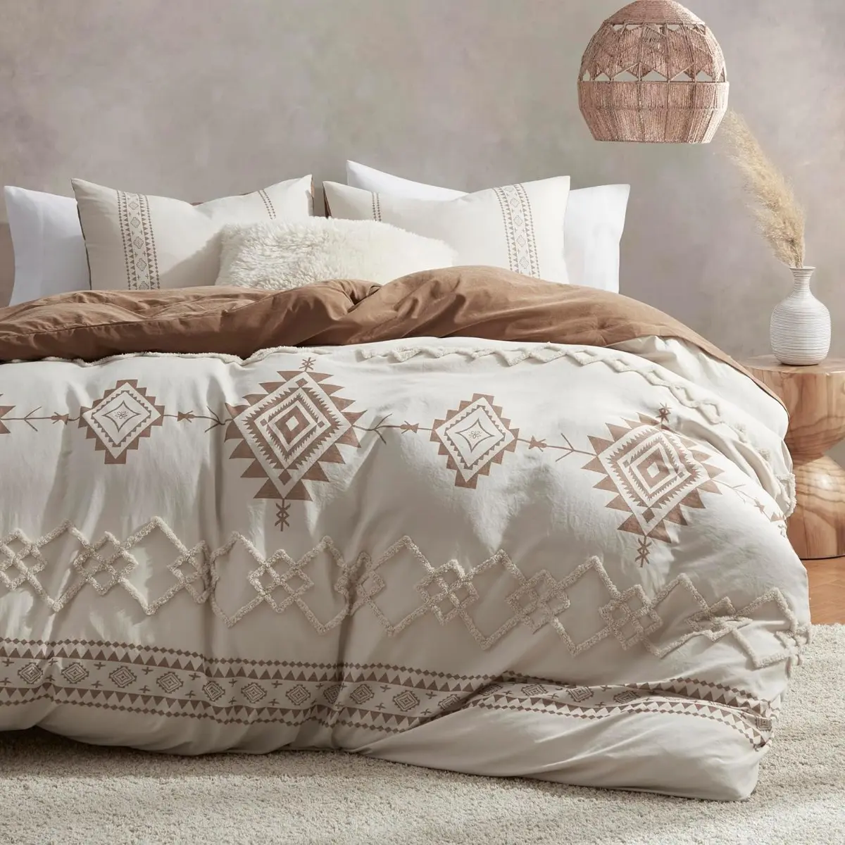 Queen Size 3-Piece Boho Microfibre Duvet Cover Set, Beige & Terracotta Geometric Color Clash Bedding (90x90"), Super-Soft Durable Zipper Tie Design, Machine Washable, Tumble Dried Low, No Bleach or Iron