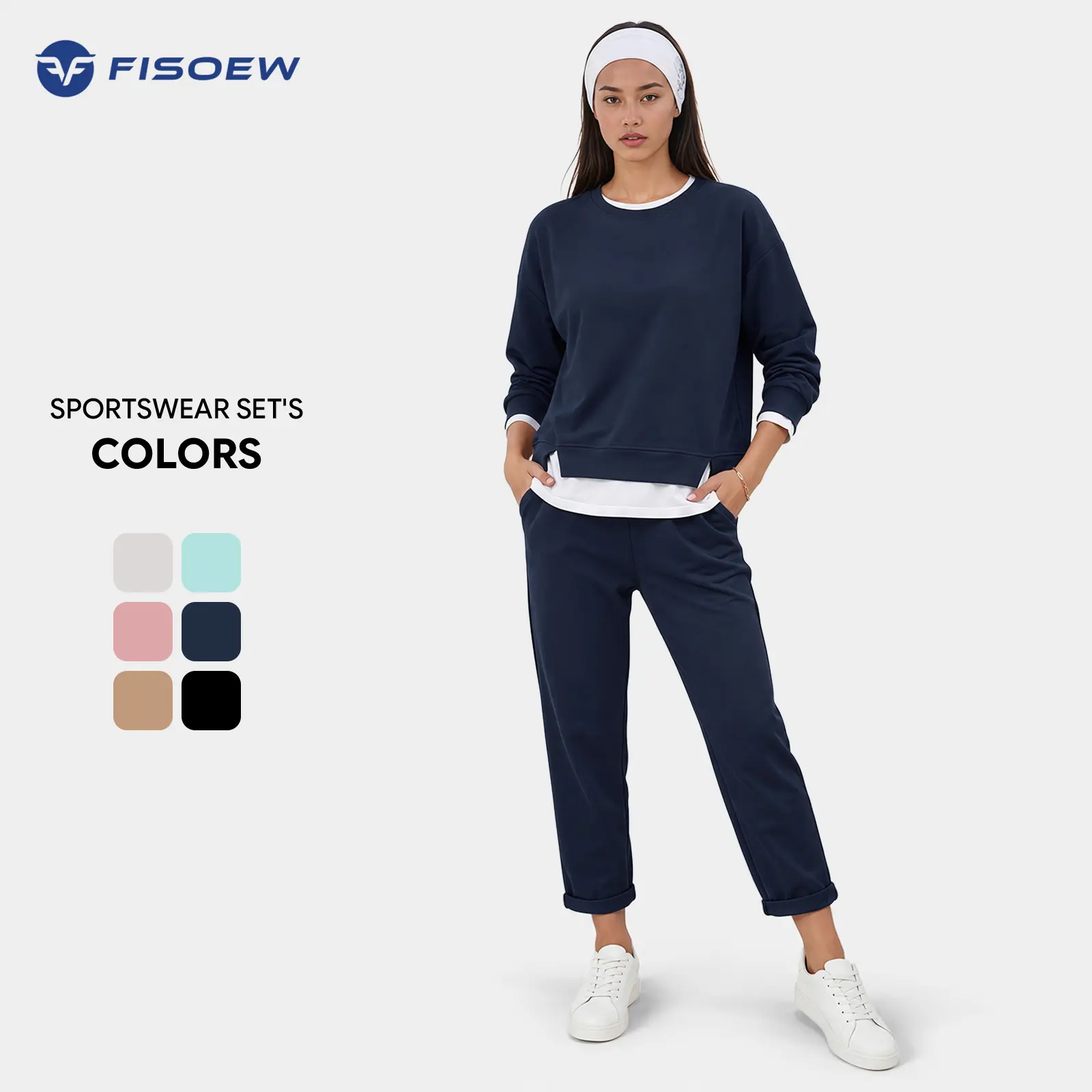 Fisoew Women's 2 Piece Set Air Layer Fabric Fake Two Piece Layered Crewneck Long Sleeve Sweatshirt & Drawstring Medium Length Cropped Jogger Pants Loungewear Set Women's Loungewear Sets Clothes Clothes Chic Lightweight SohoChic