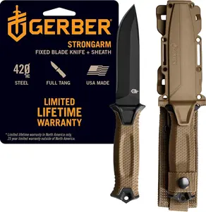 Gerber Gear StrongArm Knife - Fixed Blade - Tactical Knife for Survival Gear - Full Tang, 420HC Steel Blade - Camping Survival Knife - Made in USA - Plain edge, Coyote Brown