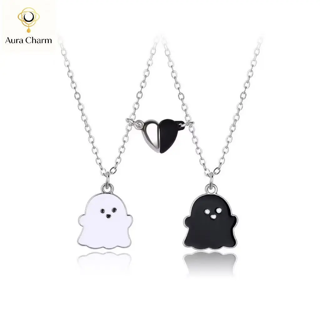 Unisex 2Pcs Cute Magnetic Heart Ghost Pendant Choker Set, Short Enamel Mutual-Attract Matching Chain Jewelry Necklaces, Casual Halloween Fashion Accessories Birthday Gift, Dressing, Classic
