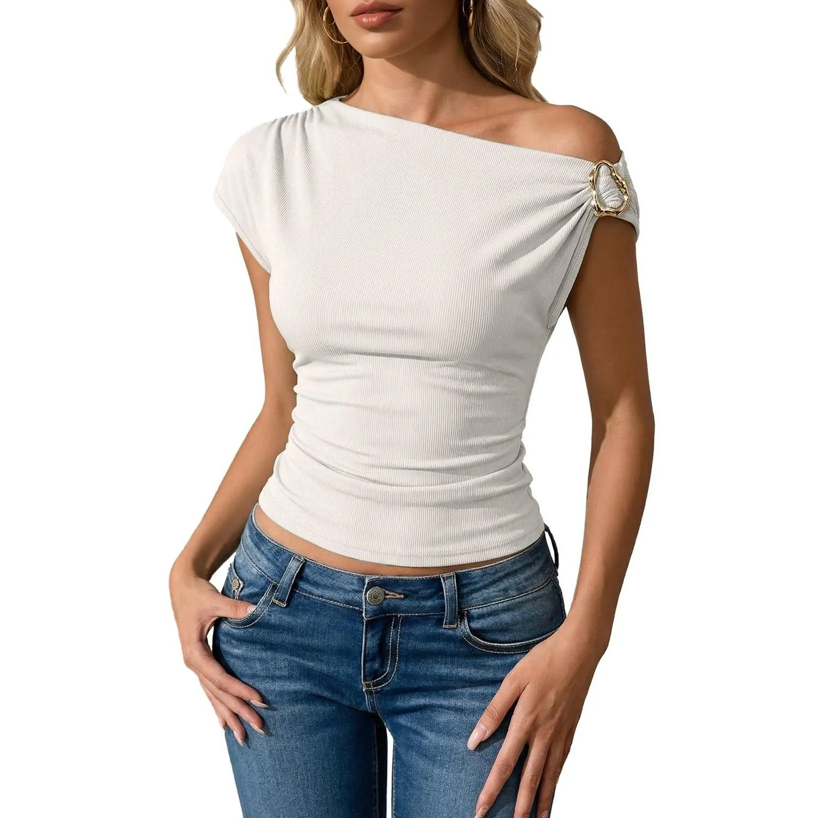 Women Asymmetric Off Shoulder Ribbed Top, Metal Ring Ruched Cap Sleeve Slim Fit Casual Summer Tee Shirt