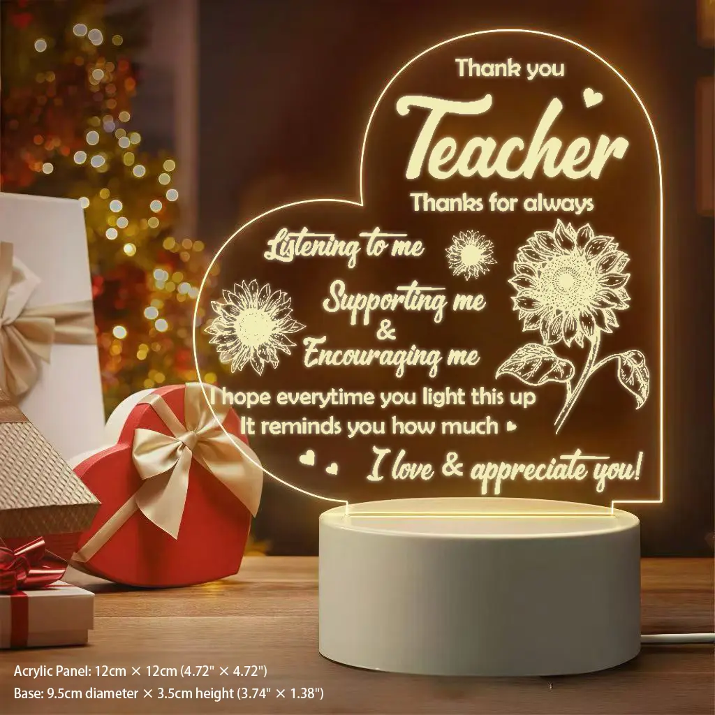 12cm Acrylic Heart Shape LED Decoration Lamp, Charming Design Graduation-Themed Decor Sunflower Teacher Appreciation Gift for Teacher's Day, Decorative Ambient Mood Lighting
