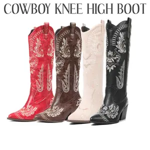 CYNLLIO Womens Cowboy Boots Knee High Pointed Toe Classic Vintage Embroidered Pull on Comfy Chunky Block High Heel Retro Fashion Western Cowgirl Boot for Party Country Concert Working Fall Winter Shoes