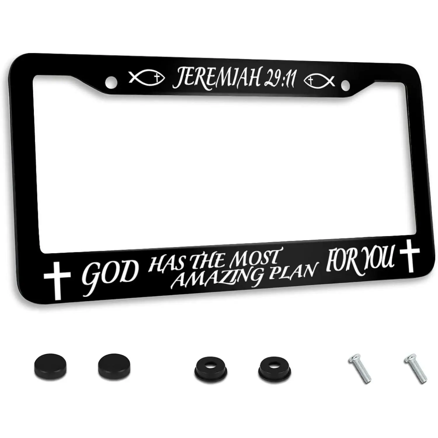 Personalized License Plate Frame (Scripture: Jeremiah 29:11 — "God has a most wonderful plan prepared for you") — Aluminum License Plate Holder Decorative Accessory, Two-Hole Design (Screws Included), Fits Standard-Sized License Plates, Unisex.