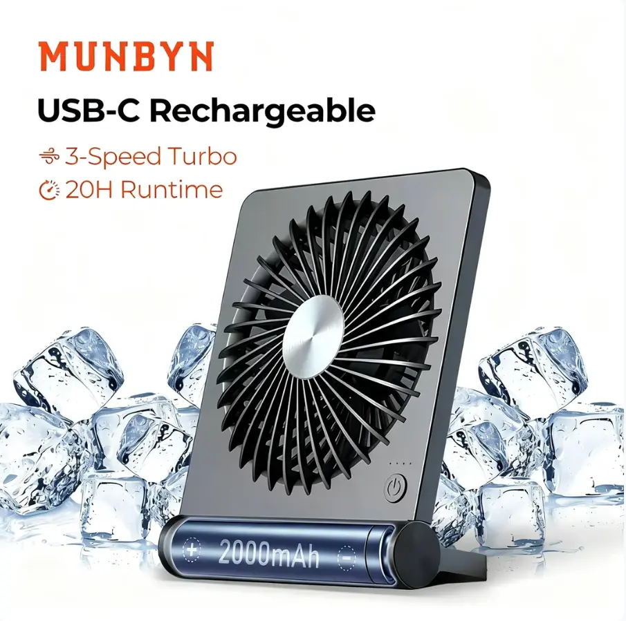 MUNBYN Silent Sleep Breeze Cordless Rechargeable USB Fan - 2000mAh Battery, Compact Mini Portable Bedside Air Circulator, Cord-Free Cool Bedroom Mini Household Appliance