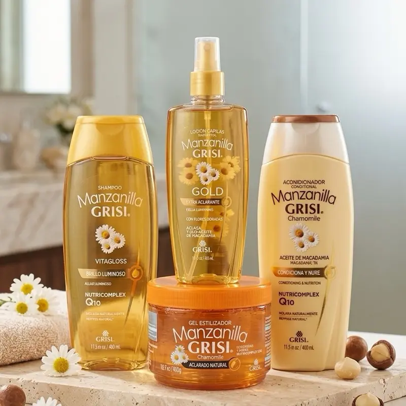 Manzanilla Haircare Bathroom Bundle - Thickening Shampoo, Chamomile Conditioner, Cleanser, Styling Gel, Lightener, Detangler to Hydrate and Restore Hair