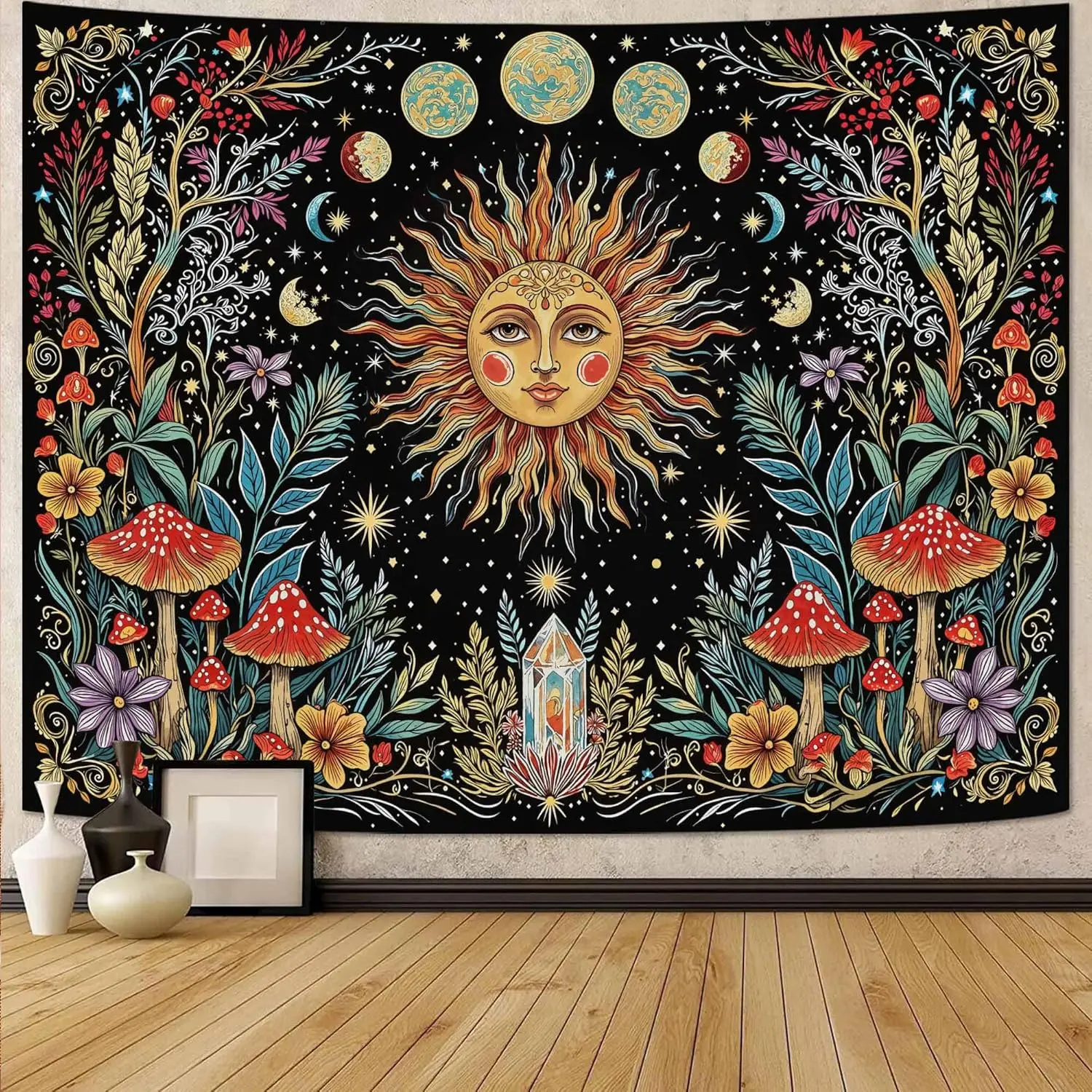 Accnicc Boho Sun and Moon Tapestry Hippie Mushroom Floral Wall Tapestry for Bedroom Aesthetic Vintage Plant Celestial Spiritual Small Tapestries Wall Hanging for Dorm Living Room Decor 48 x 36 Inchchic design  room bedroom