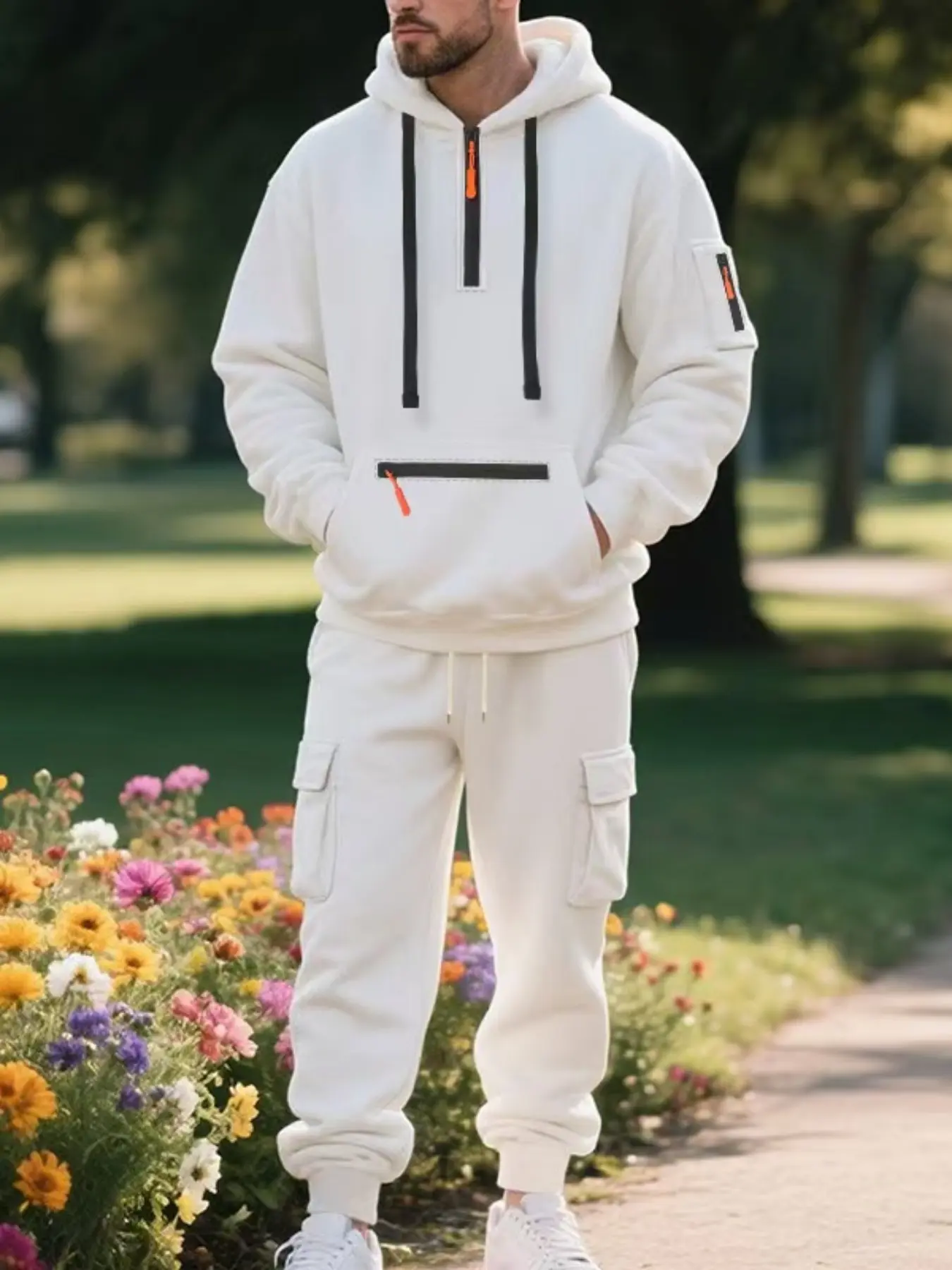 Men's Gray Half - Zip Hoodie Streetwear Tracksuit Set - Casual Sportswear with Contrast Zipper Details, Kangaroo Pocket & Cargo Sweatpants, Comfortable 2 - Piece Outfit for Daily Life, Outdoor Activities & Leisure Occasions