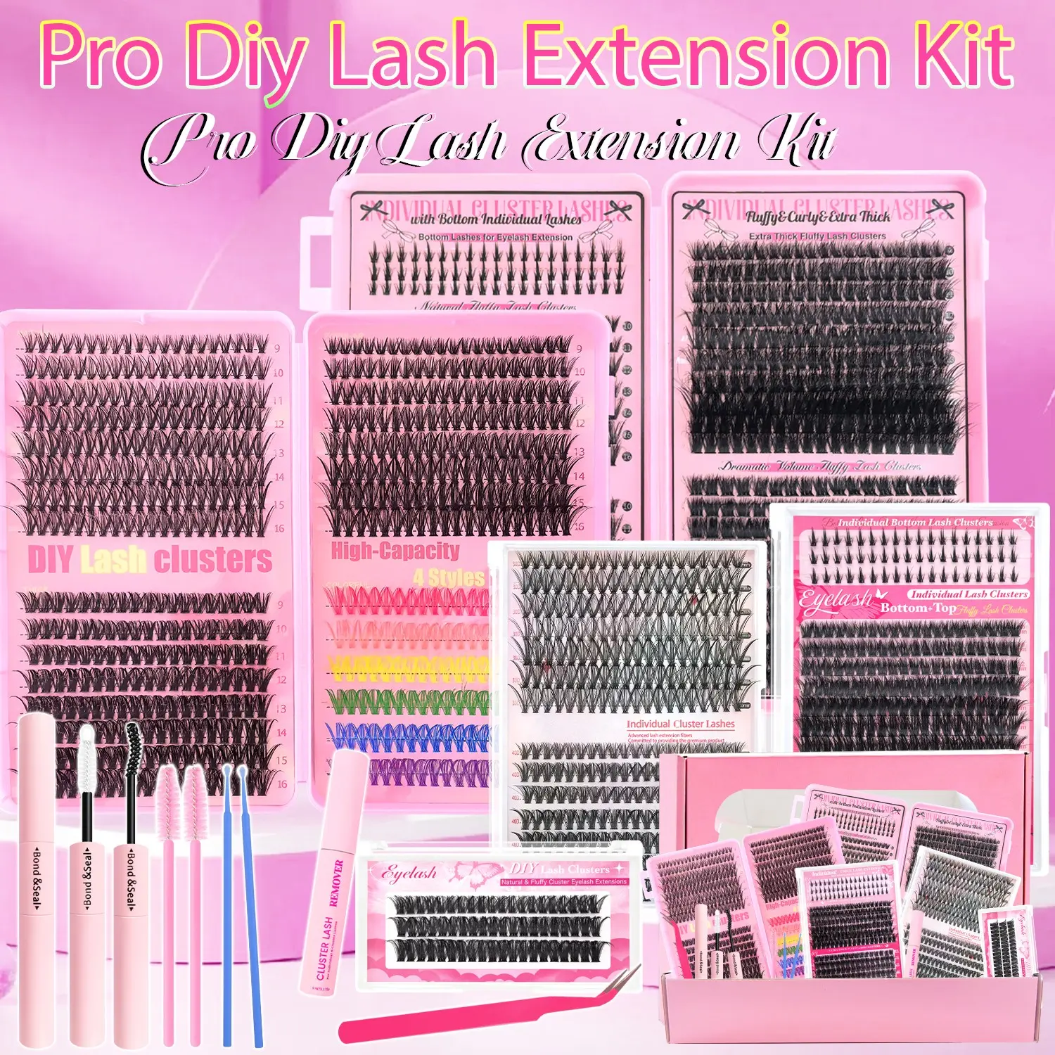 Mixed-Length Individual False Eyelash Kit, Cosmetic Eyelashes, Longer Looking Lashes - Natural-Look Eyelash Extensions with Eyelash Extension Glue, Lash Bond & Seal, Remover, Tweezers, Brush - Curled Eyelashes for Eye Makeup Enhancement - DIY Lash Kit