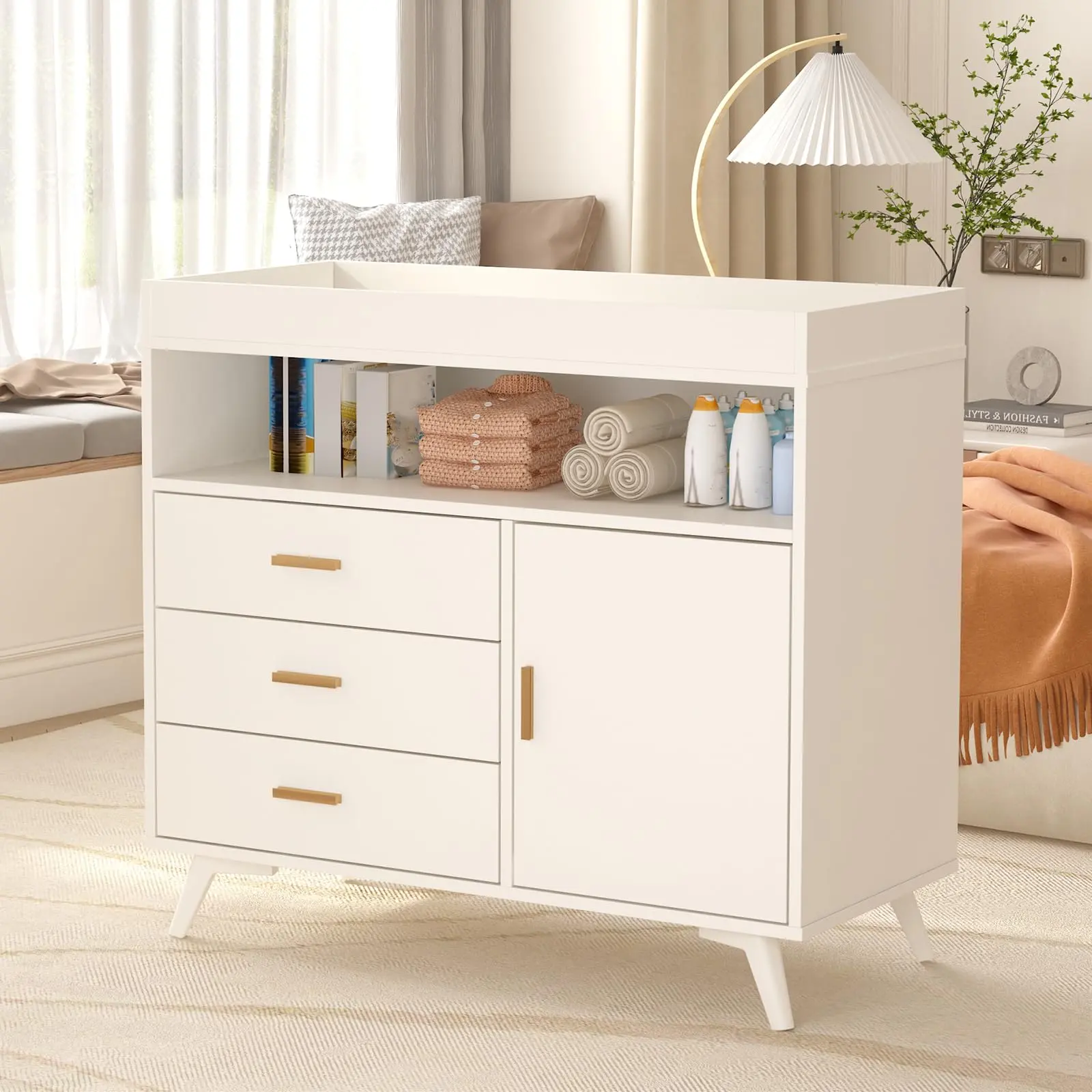GARVEE Modern Wood 3-Drawer Changing Table Dresser, Nursery Furniture for Baby Room with Removable Diaper Pad for Newborns, Newborn, Baby Room Living Room, Baby Dresser Organizer