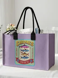 1 piece of sardine pattern 2D printed large capacity storage bag, extra large storage bag, sturdy handle, space-saving multi-purpose, suitable for use at school, business trips, shopping, Reusable Shopping Bags, Tote Bag