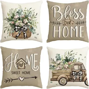 Bless Our Home Farmhouse Eucalyptus Leaves Throw Pillow Covers 18 x 18 Inch Truck Home Sweet Home Cushion Case Decorations Set of 4
