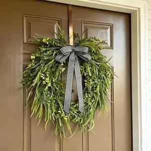Modern Greenery Flower Wreath, 18-Inch Artificial Fern Wreath with Striped Bow, All-Season Door Decor, Valentine's Day Gift