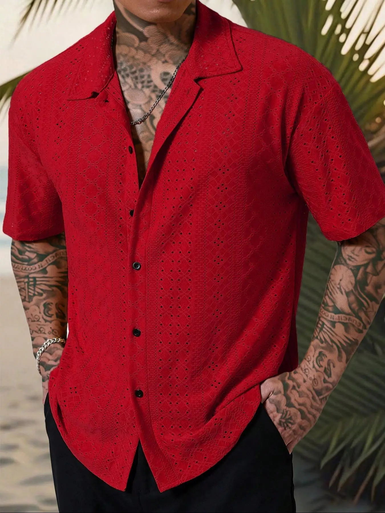 Casual Comfy Collared Plain Crochet Textured Jacquard Knitted Loose Short-Sleeve Tropical Menswear Shirt for Hawaiian Beach