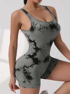 Women's Marble Print Open Back Sports Tank Romper, Casual Sleeveless Racer Back Skinny Romper Stretchable Activewear for Yoga Gym Workout, Ladies Sportswear for Summer