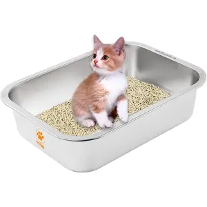 High Sided Stainless Steel Cat Litter Box, Non-Stick, Odor-Free, Smooth Surface, 15.7"x11.8"x3.9"