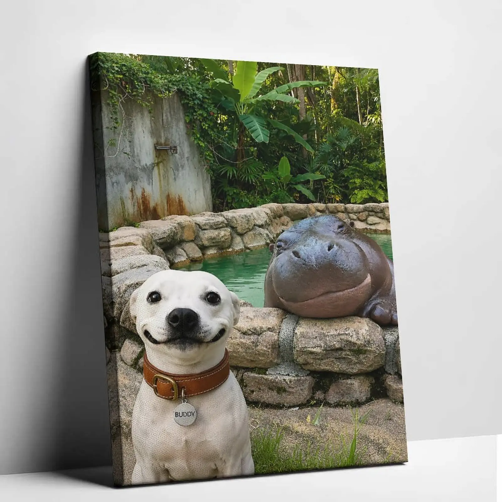 Cute Smiling White Puppy and Pygmy Hippo Canvas Wall Art Print Happy Jungle Animals Graphic Poster Vintage Aesthetic Canvas Painting Whimsical Jungle Photo Picture Wall Decor for Home Office Bedroom Artwork