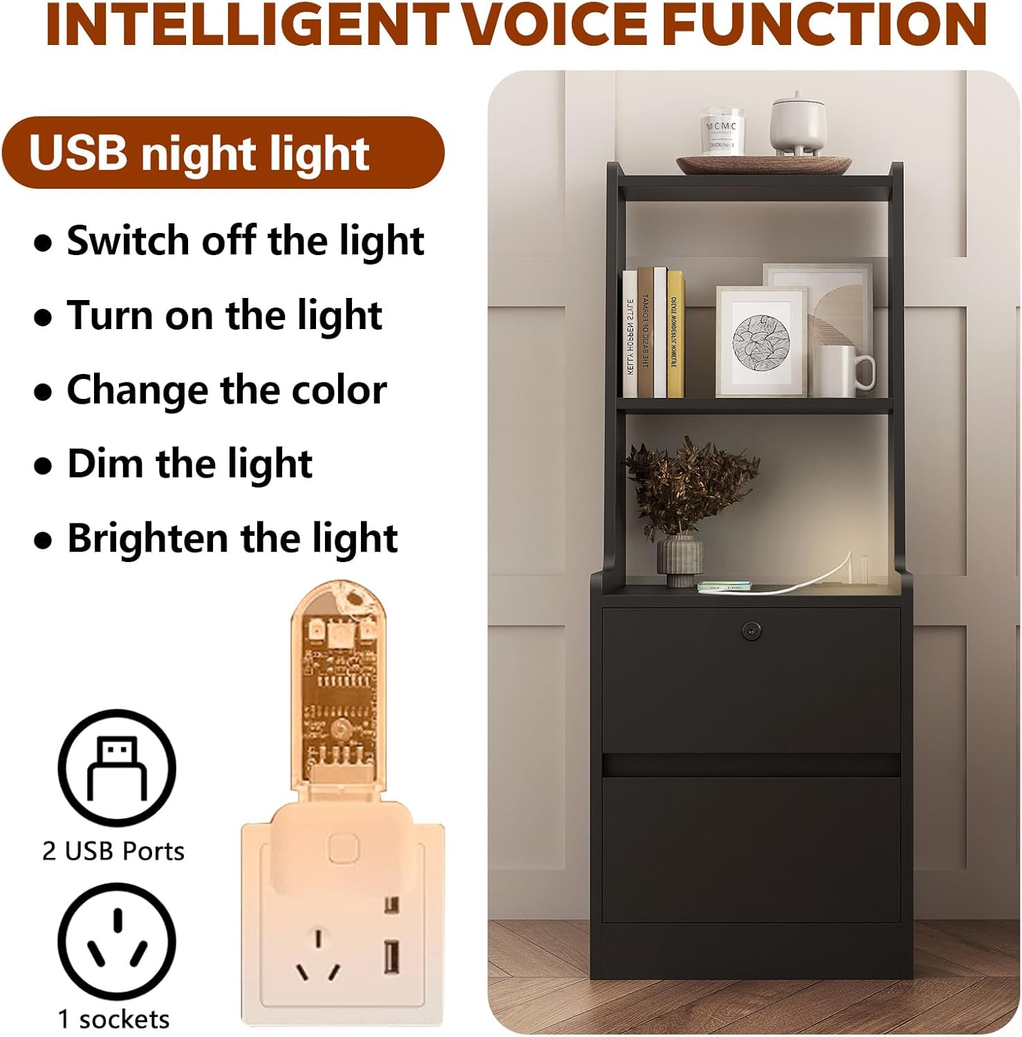 Modern Smart Nightstand with Night Light & Charging Station, Night Stand with Bookshelf, Lockable Bedside Cabinet Tables with 2 Storage Drawers for Bedroom Home Office (Black)