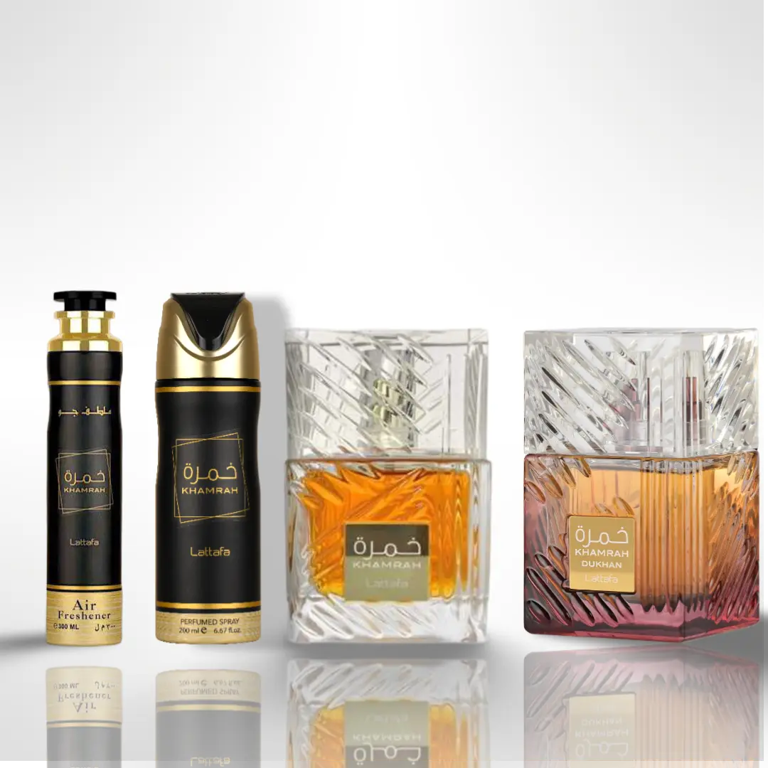 Lattafa Khamrah Aromatic Woody Arabian Fragrance Gift Multi-Pack - EDP Duo Set, Dukhan, Deodorant, Air Freshener for Daily Wear (Women's Fragrance)