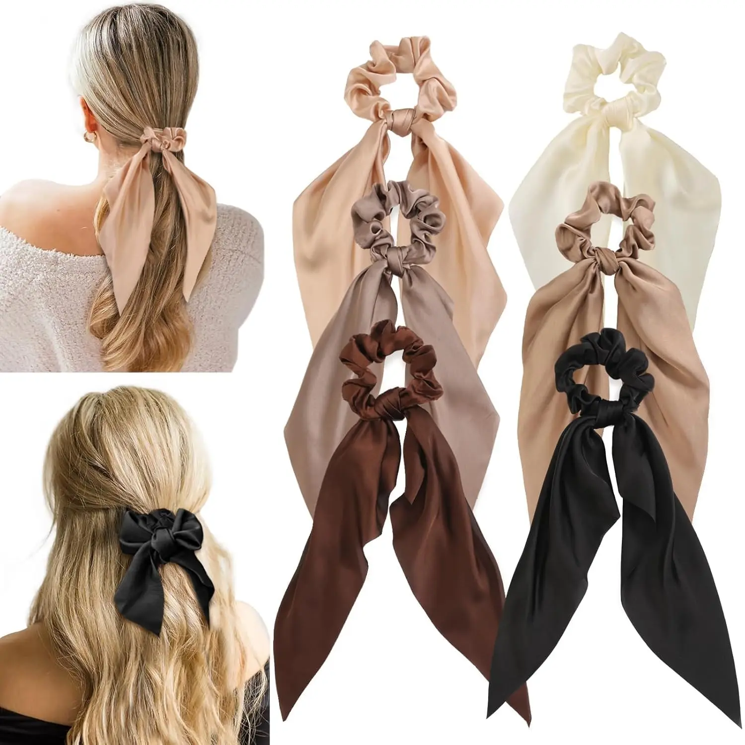 6 PCS Bow Silk Scrunchies, Hair Ties with Bows, Hair Scrunchies for Women Girls, Knotted Bow Silk Hair Ties, Satin Hair Ribbon Elastic Hair Ties Hair Accessories Gifts Holiday summerwins