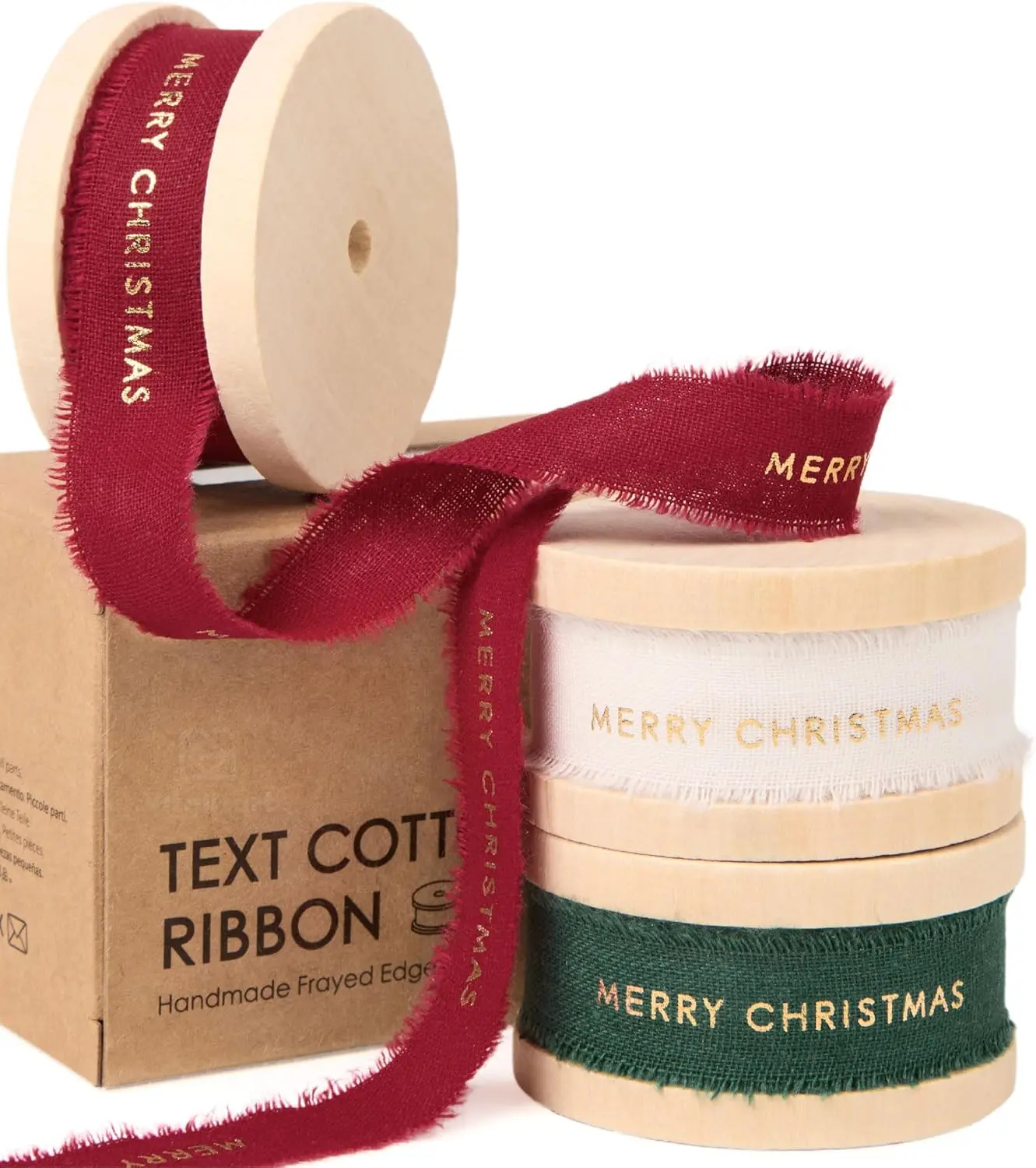 Vitalizart Eco-Friendly Text Series Ribbon - 5/8 in Natural Cotton, Handmade Frayed Edges, Rustic Print "I Love You" & Thank You, 15 yd Set, 1 Roll, for Gift Wrapping & Happy Birthday Decorations (Green, Red, White), 15 Yard Set, Merry Christmas