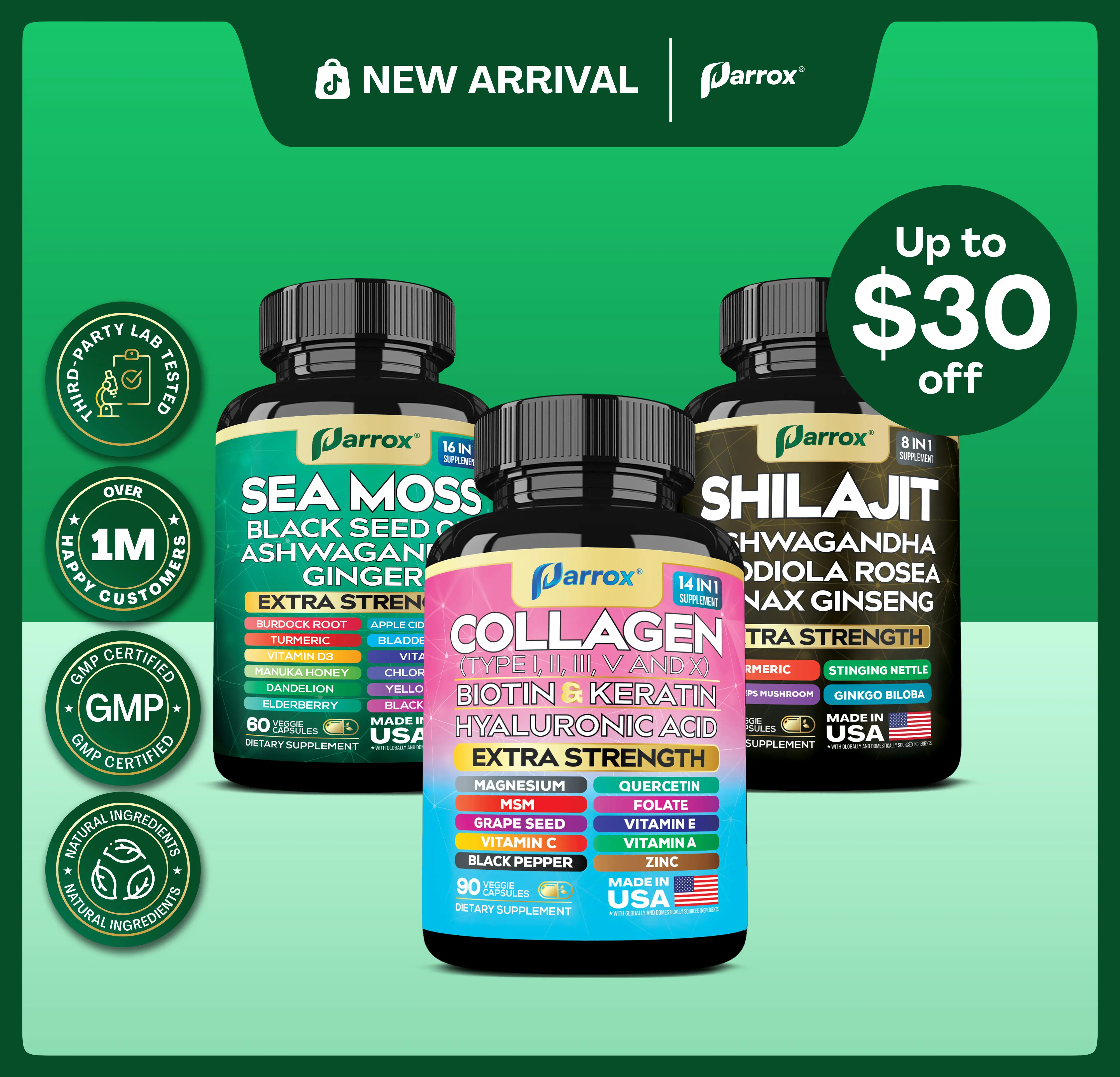 Ultimate Wellness Trio - PARROX Sea Moss, Collagen, & Shilajit All-in-One Dietary Supplement Combo - Healthcare, Fitness, & Overall Wellness - Made in USA