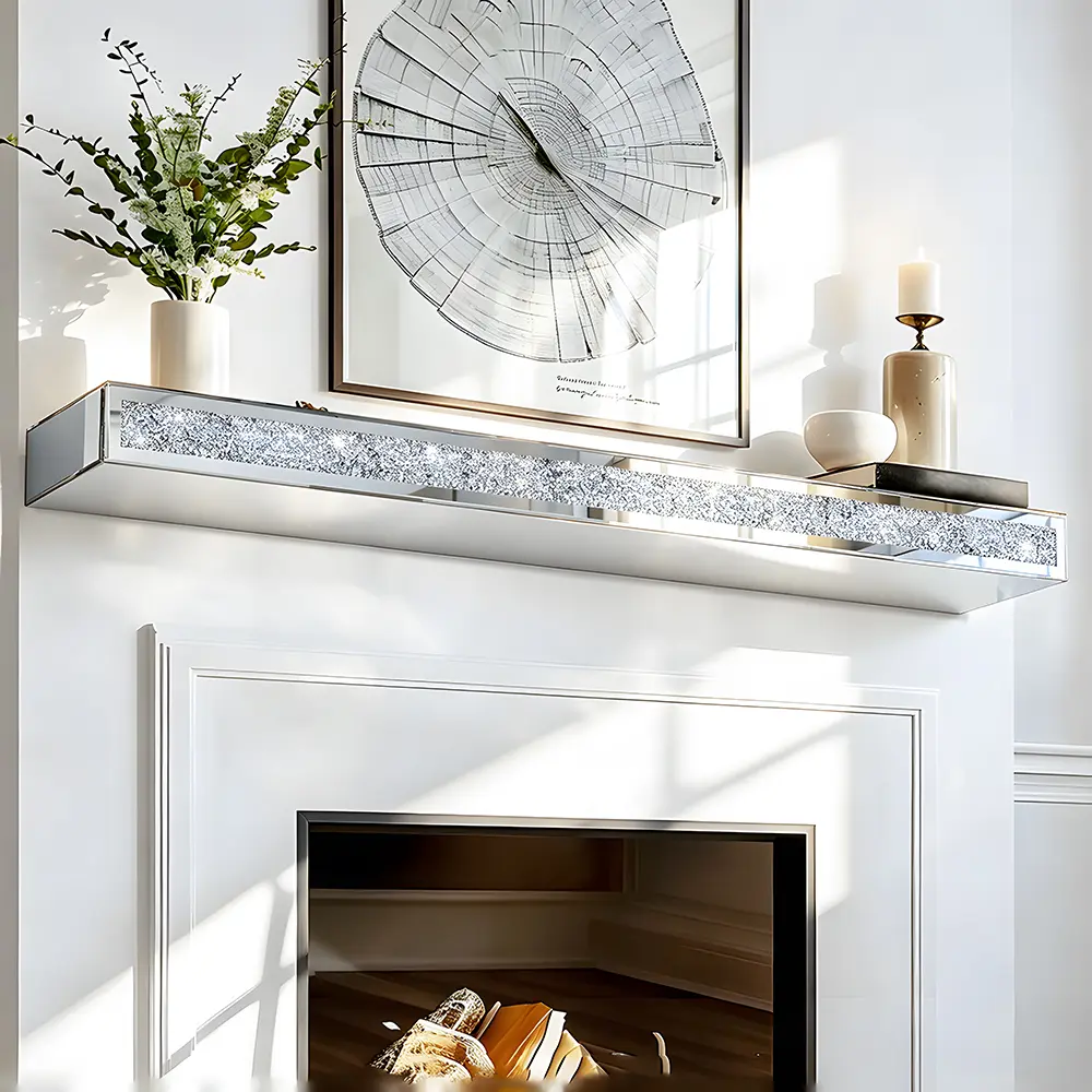 48-inch mirror fireplace mantel, mantel display shelf for above the fireplace, floating glass fireplace mantel, crystal rhinestone fireplace mantel, wall-mounted home decor shelf, suitable for living room, kitchen, bedroom
